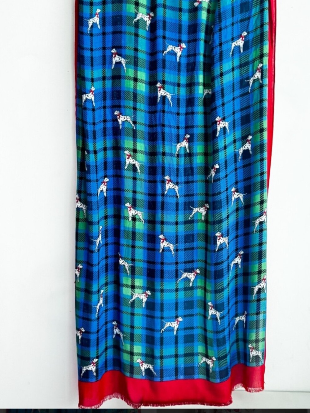 Talbots Blue and Green Plaid Scarf with Dalmatian Print and Red